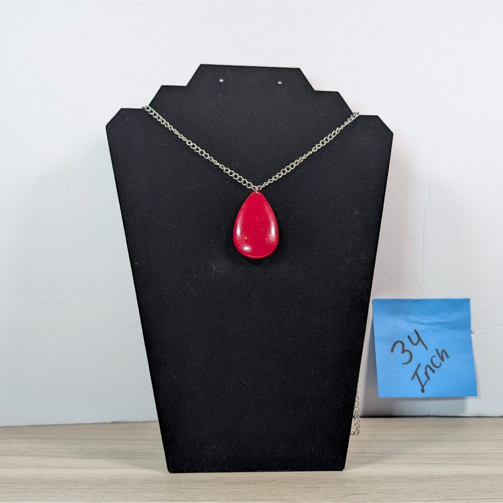 Red Teardrop Pendant Necklace Silver Tone Chain Fashion Statement Jewelry 34"